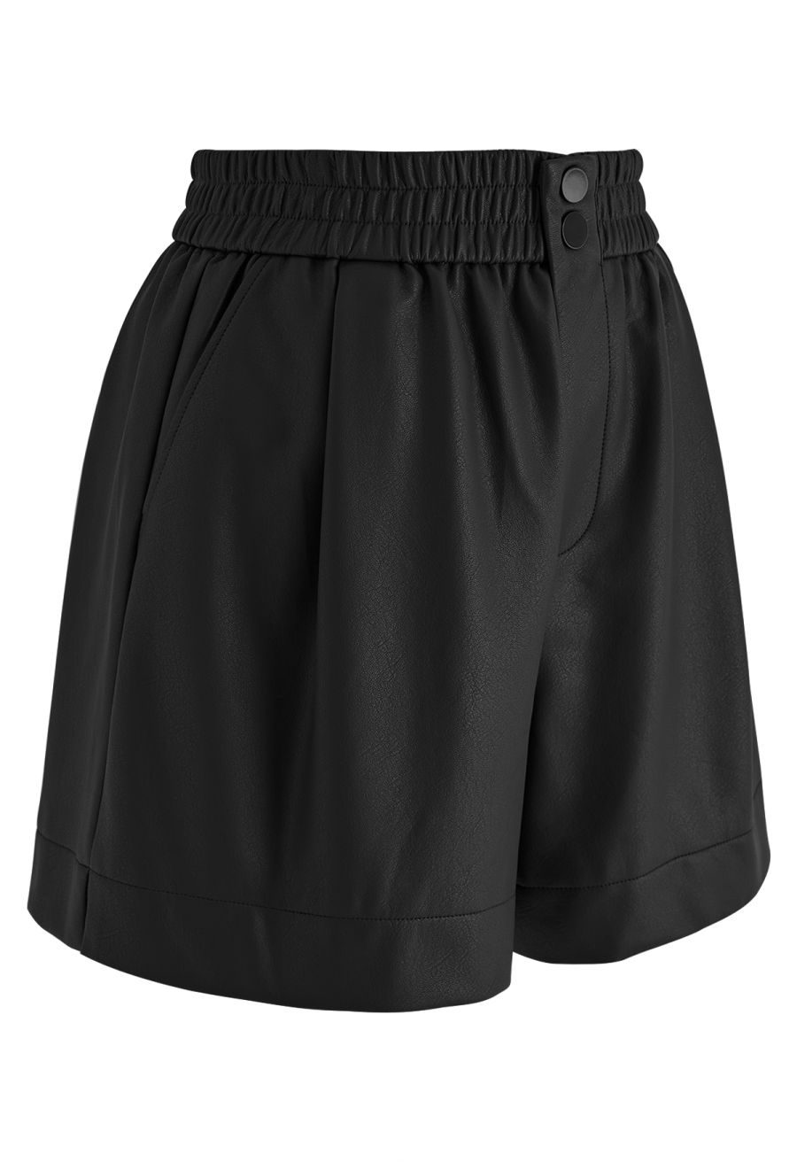 Textured Buttoned Faux Leather Shorts in Black