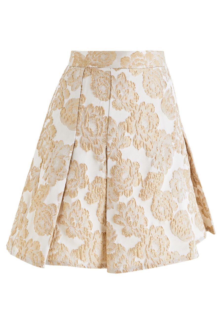 Peony Embossed Jacquard Flare Mini Skirt in Gold