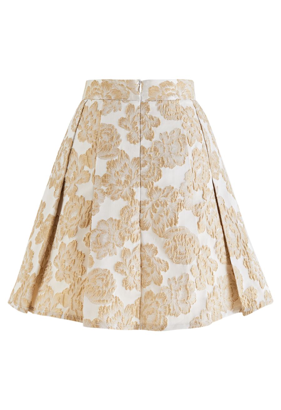 Peony Embossed Jacquard Flare Mini Skirt in Gold