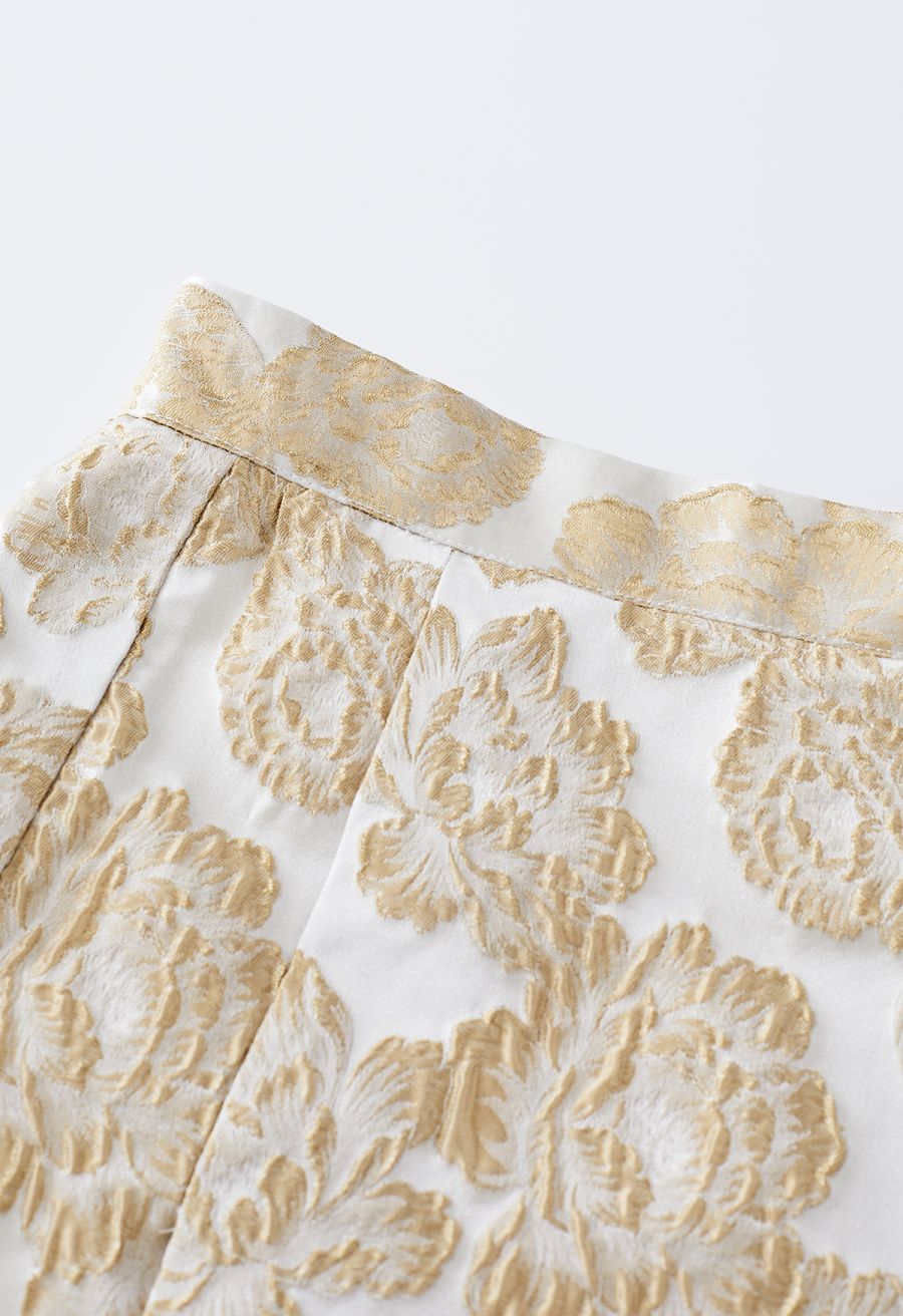 Peony Embossed Jacquard Flare Mini Skirt in Gold