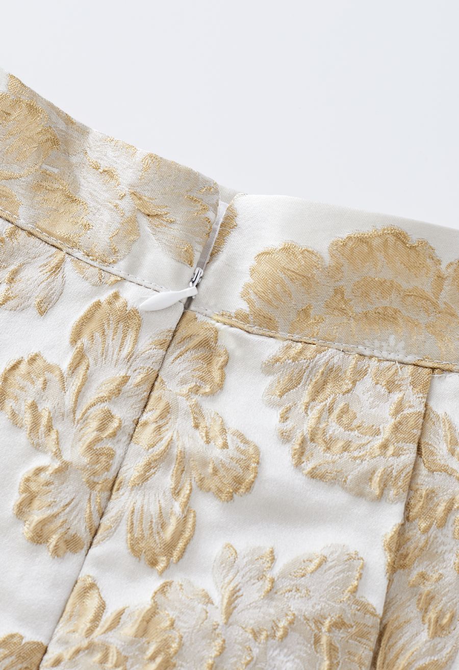 Peony Embossed Jacquard Flare Mini Skirt in Gold