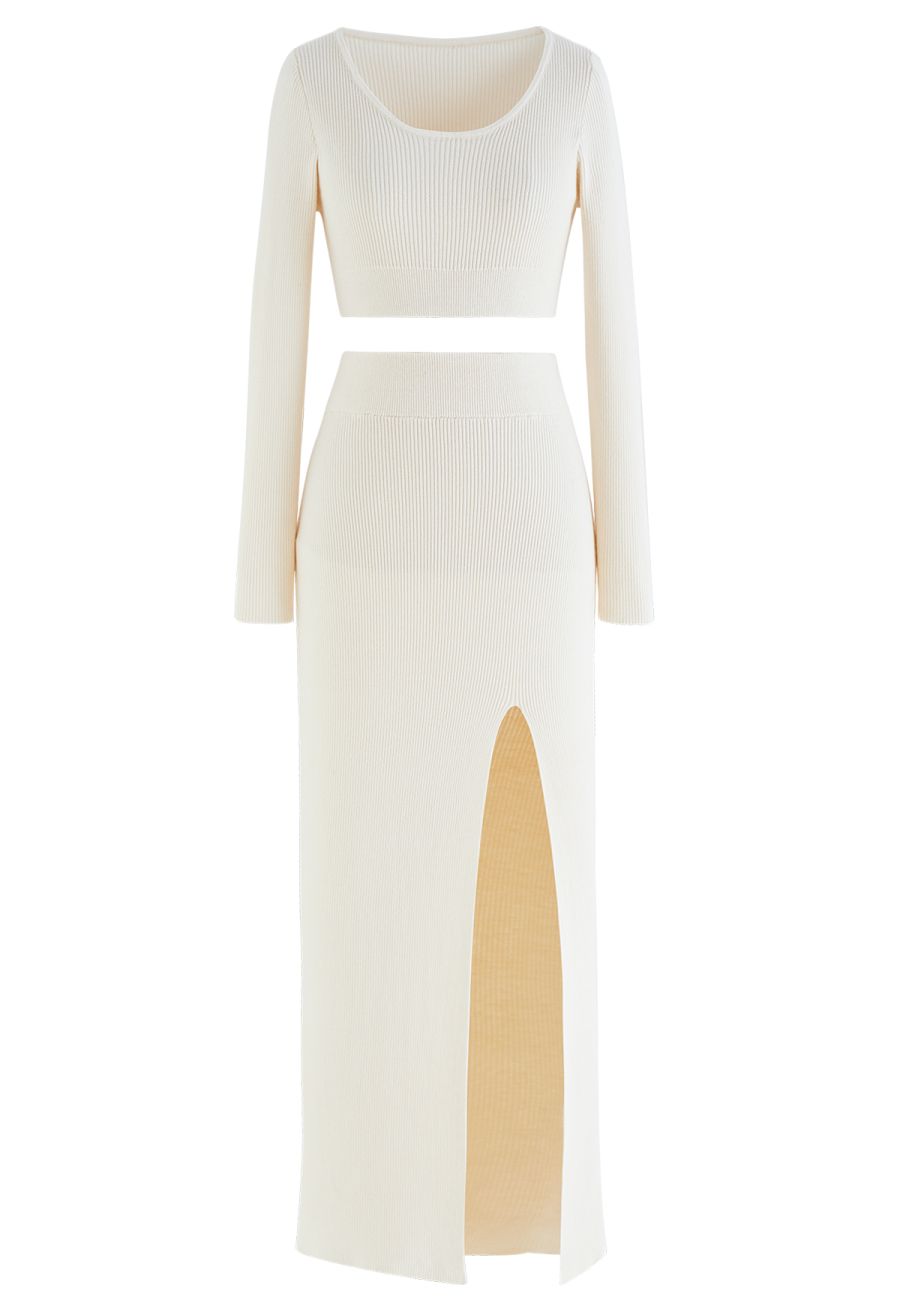 Knitted Crop Top and High Slit Maxi Skirt Set in Ivory