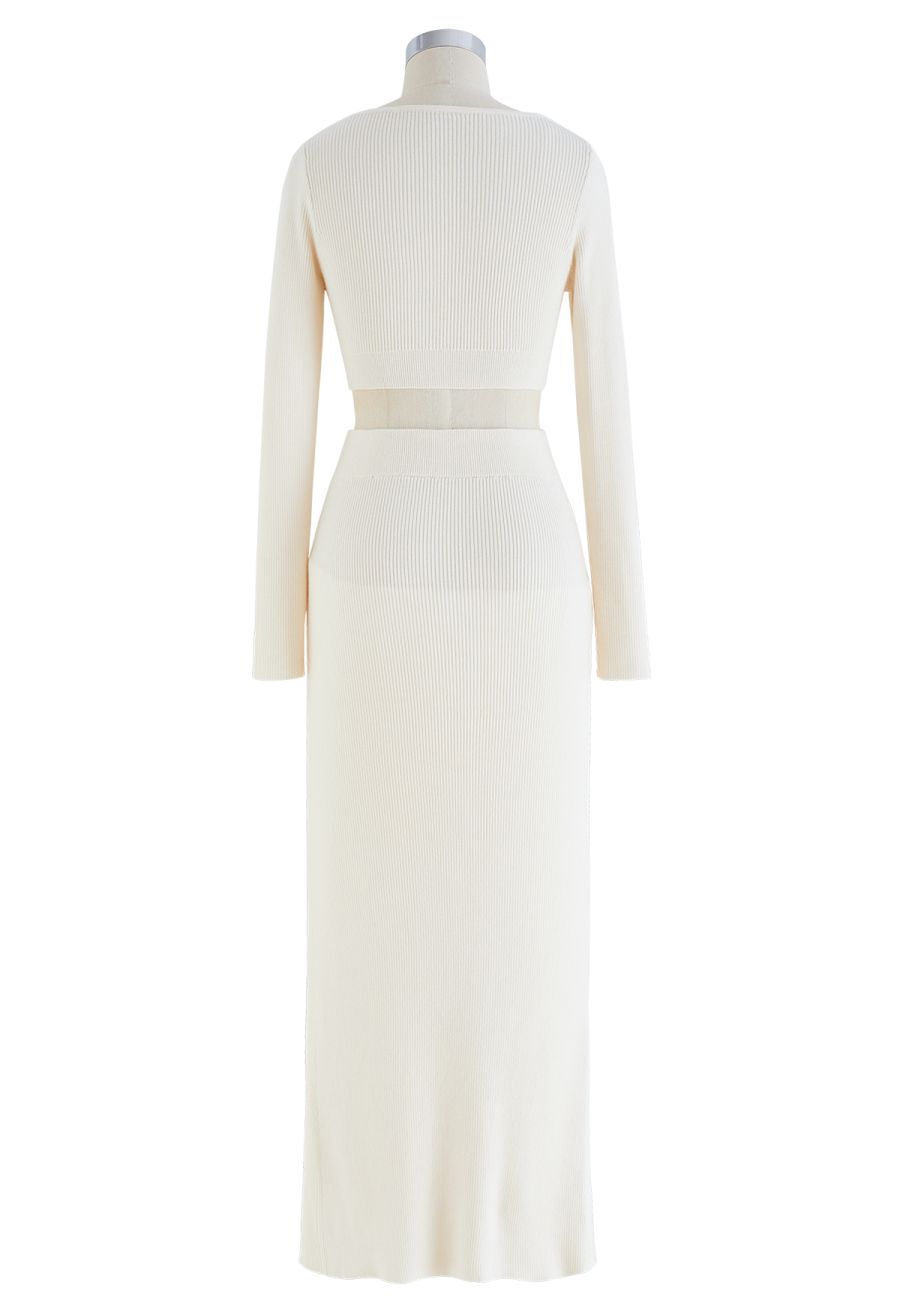Knitted Crop Top and High Slit Maxi Skirt Set in Ivory