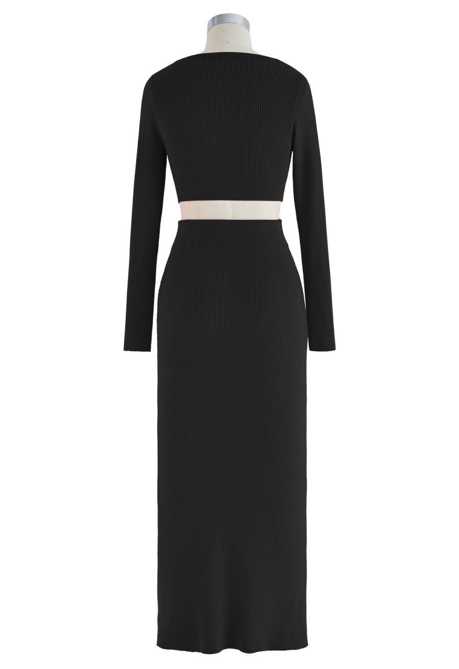 Knitted Crop Top and High Slit Maxi Skirt Set in Black