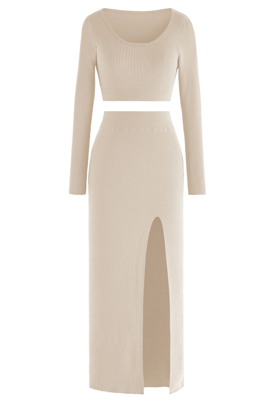 Knitted Crop Top and High Slit Maxi Skirt Set in Light Tan
