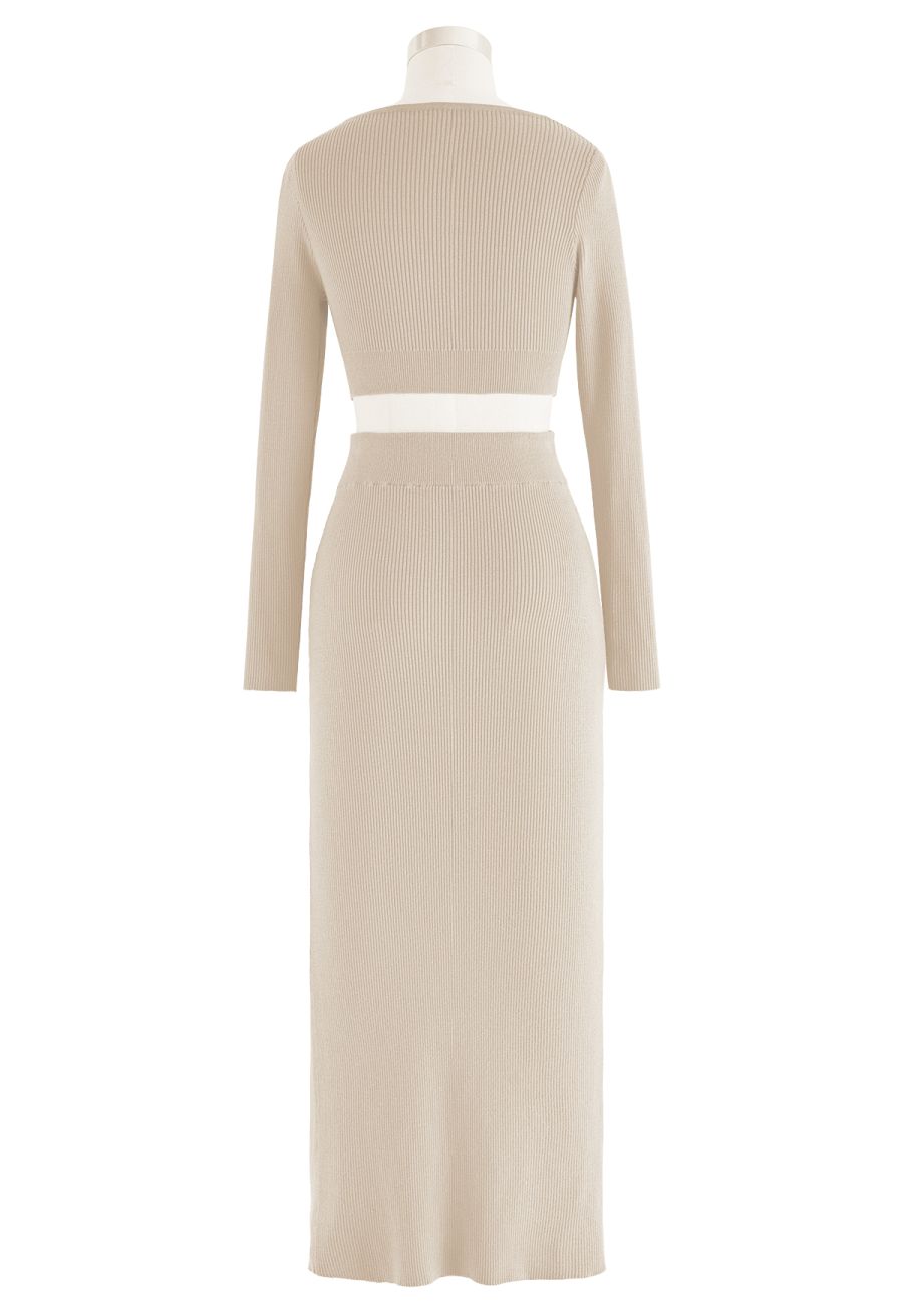 Knitted Crop Top and High Slit Maxi Skirt Set in Light Tan