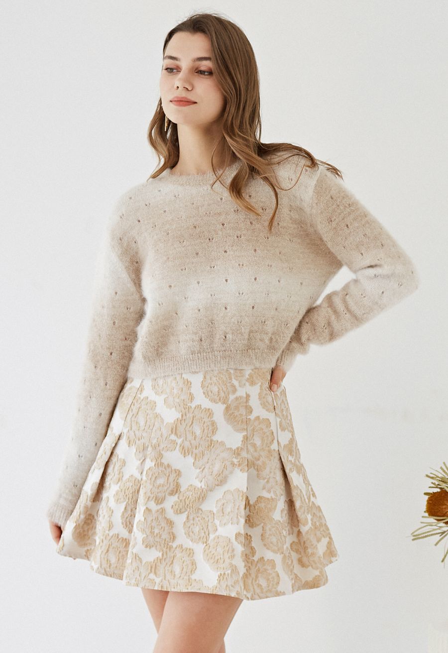Peony Embossed Jacquard Flare Mini Skirt in Gold