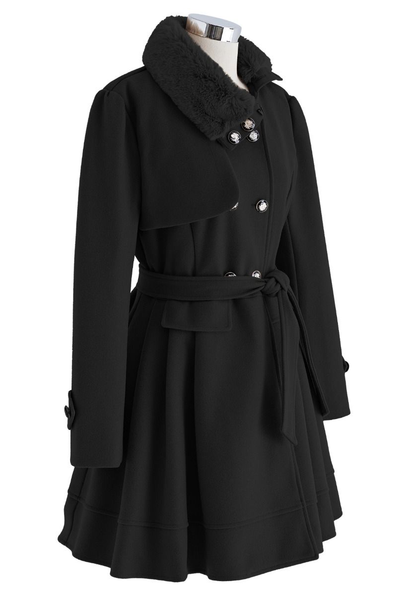 Faux Fur Collar Double-Breasted Skater Coat in Black