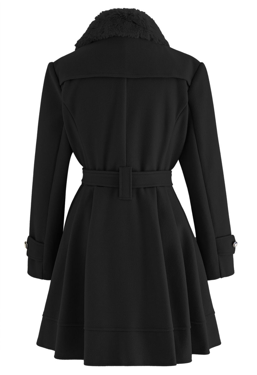 Faux Fur Collar Double-Breasted Skater Coat in Black