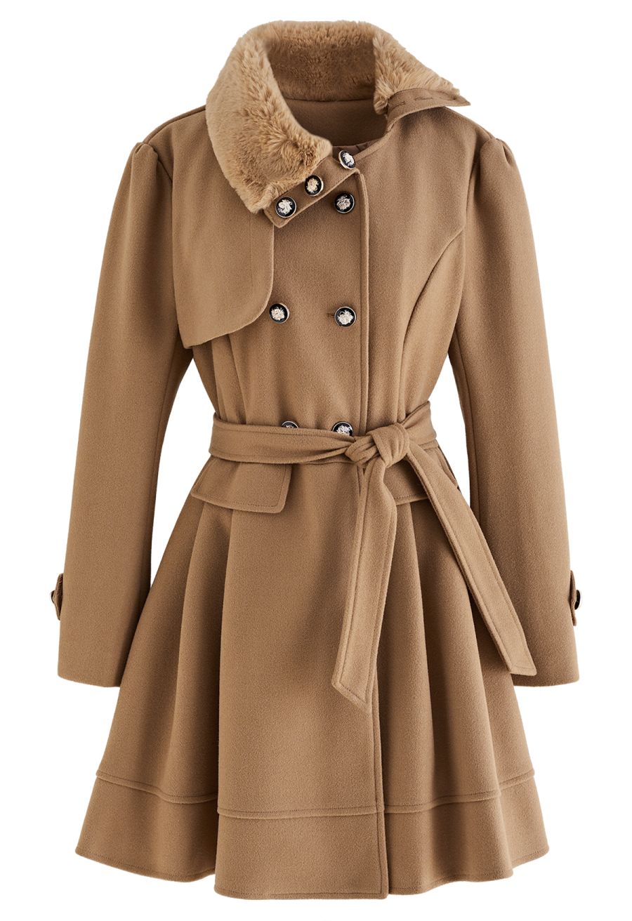 Faux Fur Collar Double-Breasted Skater Coat in Tan