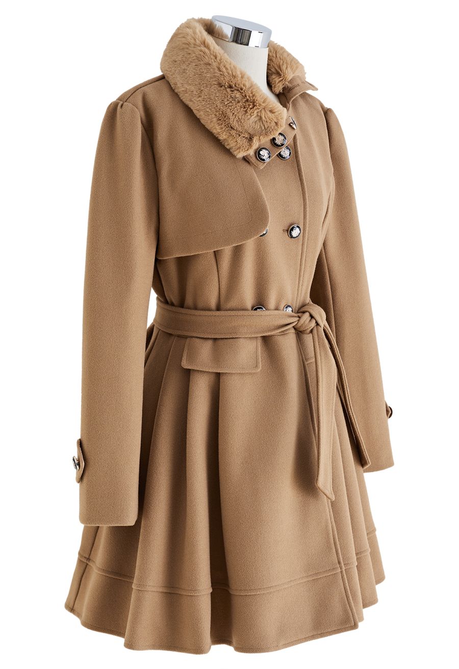 Faux Fur Collar Double-Breasted Skater Coat in Tan