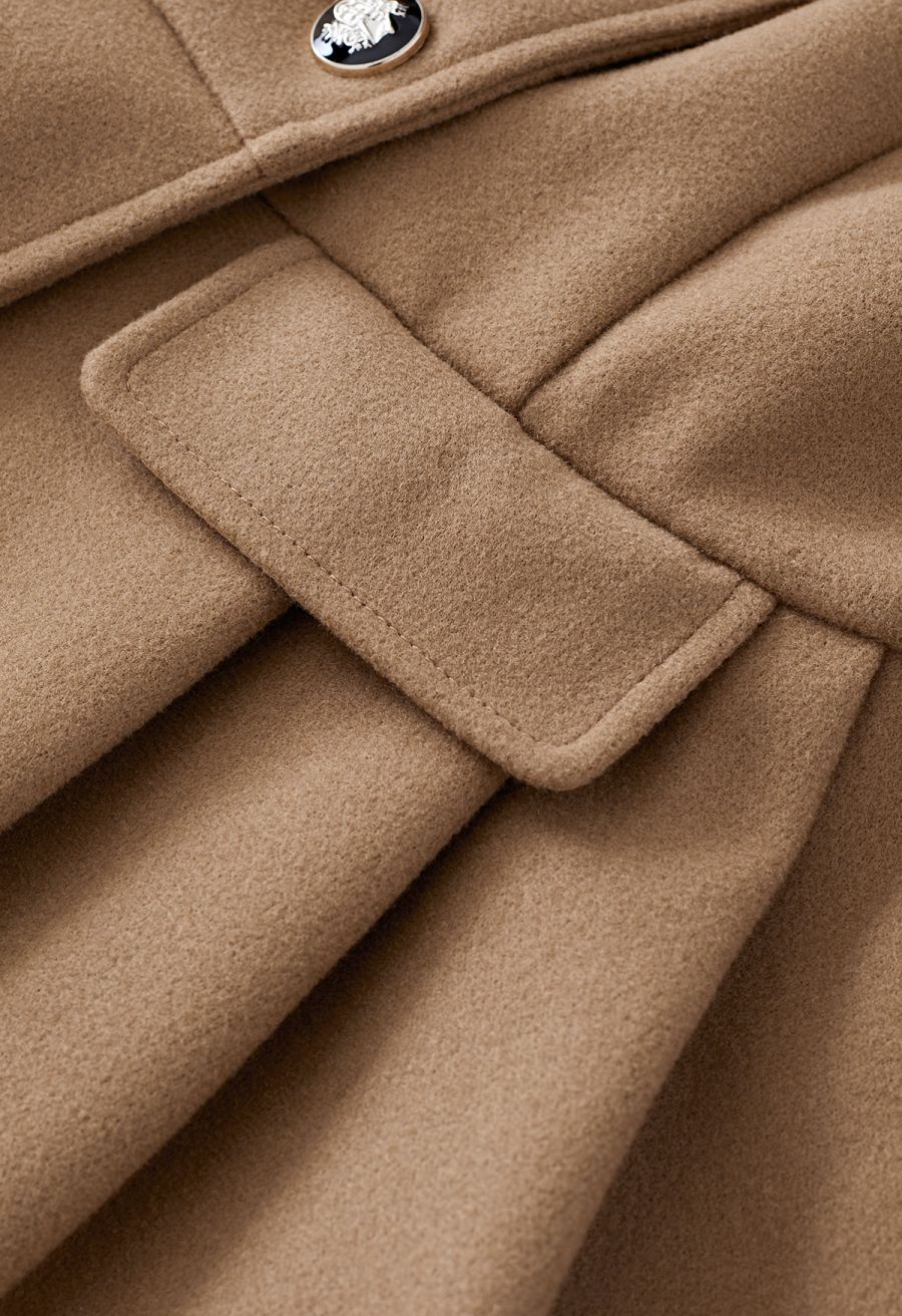Faux Fur Collar Double-Breasted Skater Coat in Tan