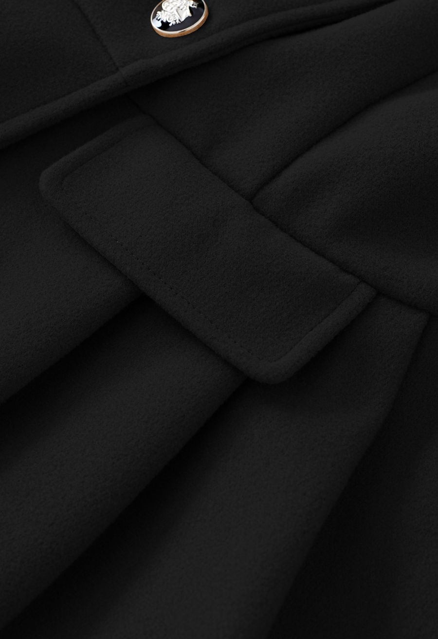 Faux Fur Collar Double-Breasted Skater Coat in Black