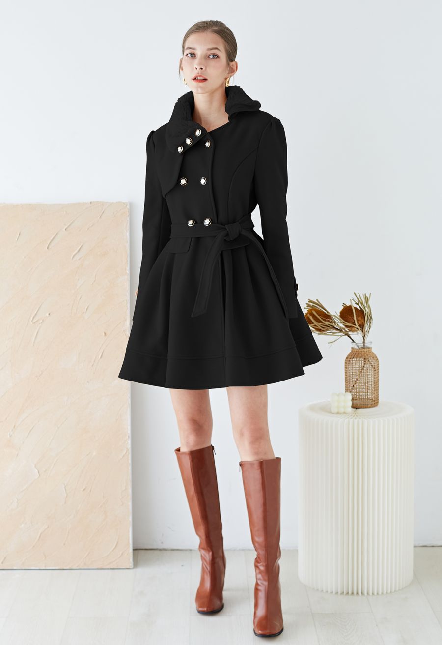 Faux Fur Collar Double-Breasted Skater Coat in Black