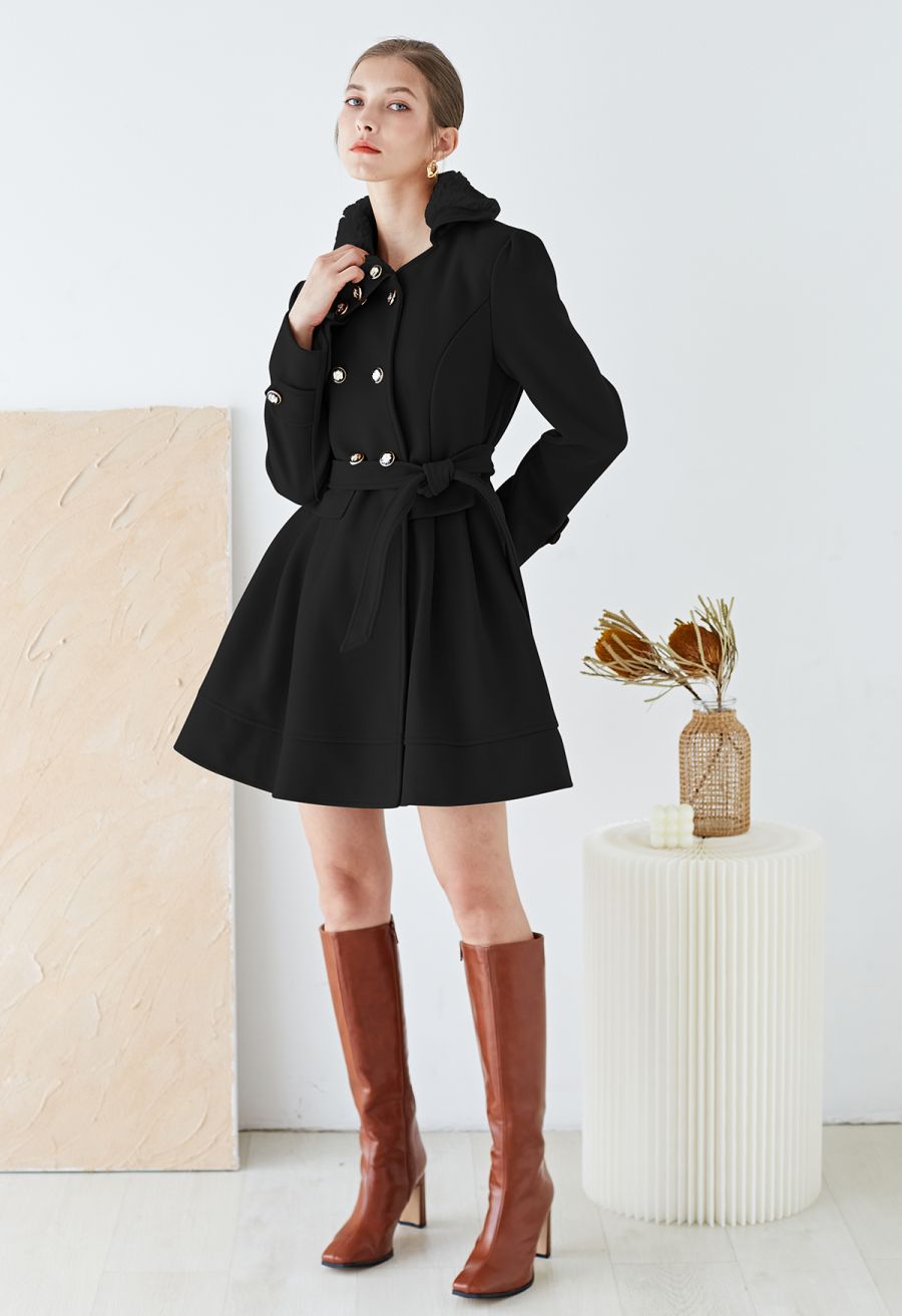 Faux Fur Collar Double-Breasted Skater Coat in Black
