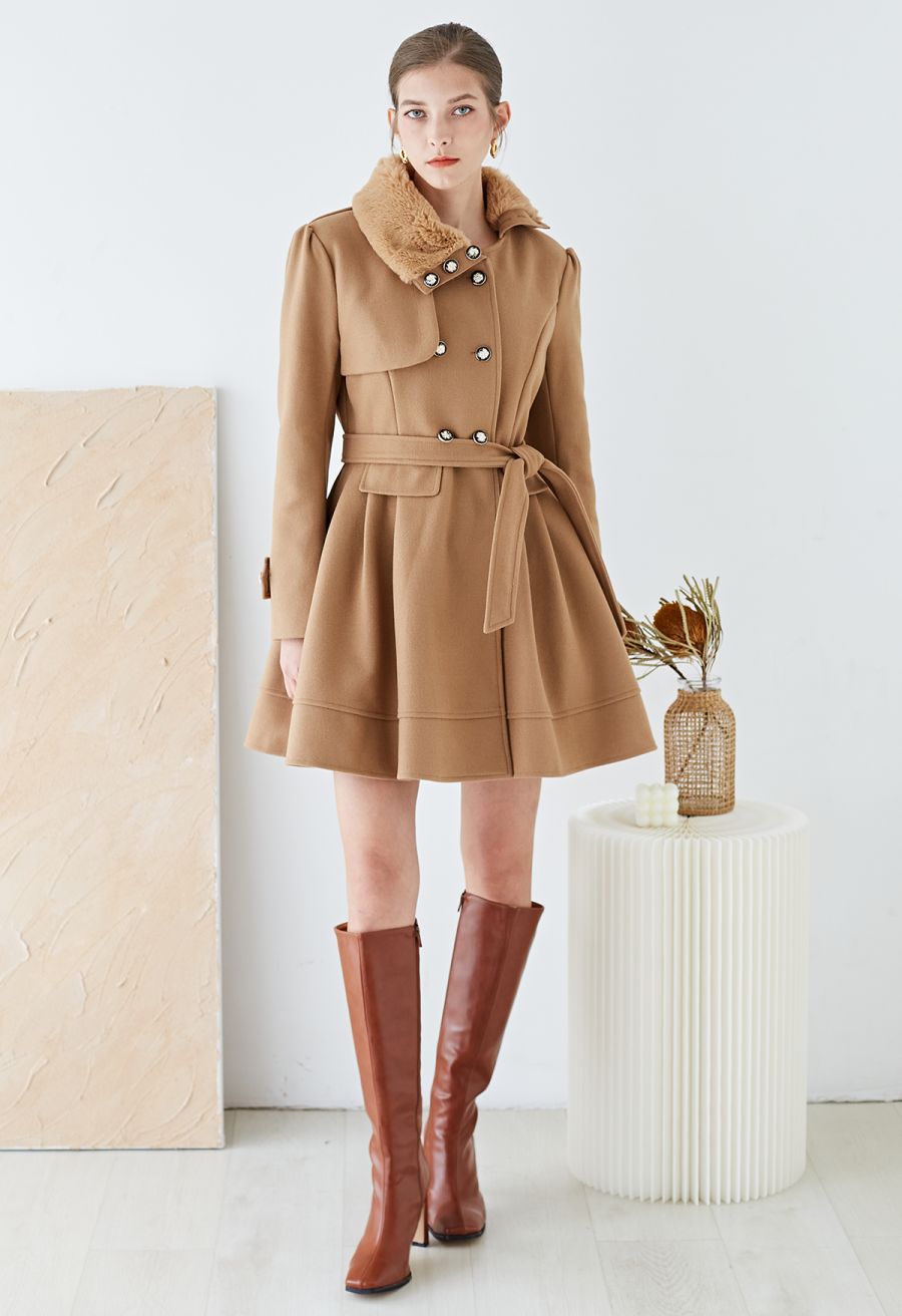 Faux Fur Collar Double-Breasted Skater Coat in Tan