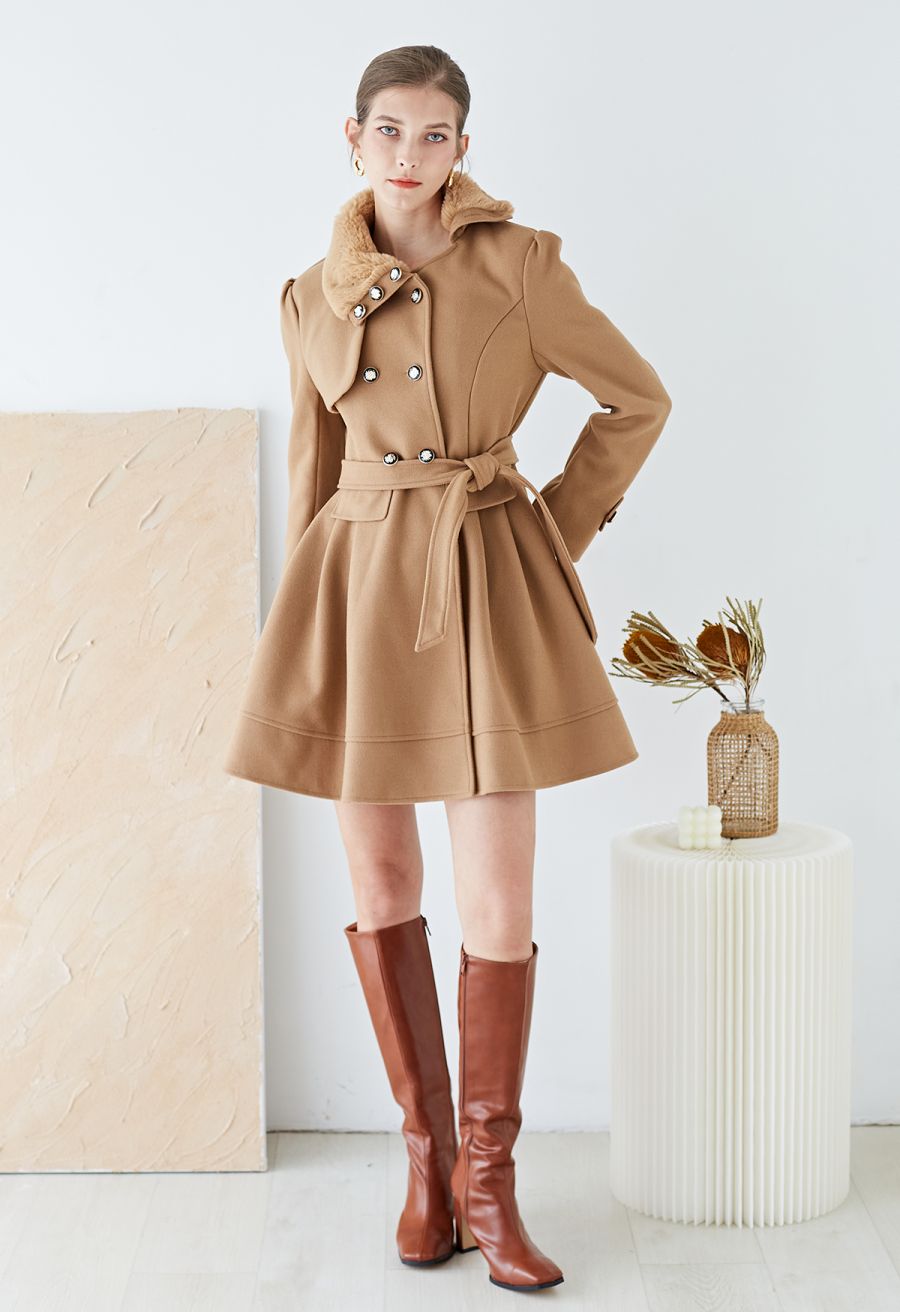 Faux Fur Collar Double-Breasted Skater Coat in Tan