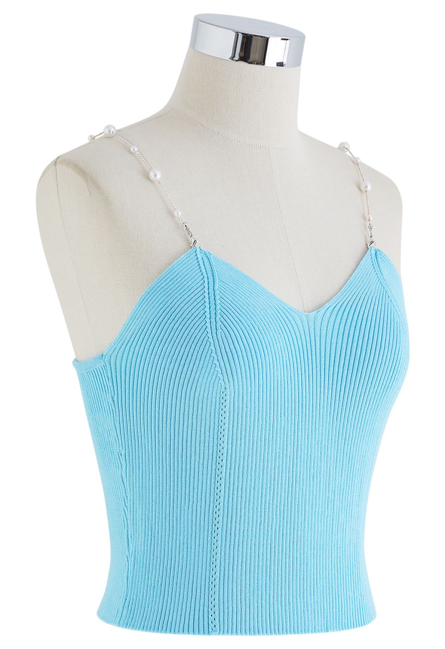 Cropped Knit Pearly Tank Top in Baby Blue