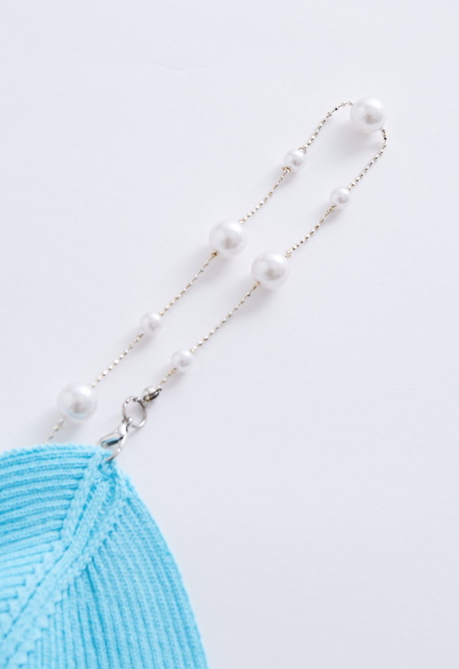 Cropped Knit Pearly Tank Top in Baby Blue