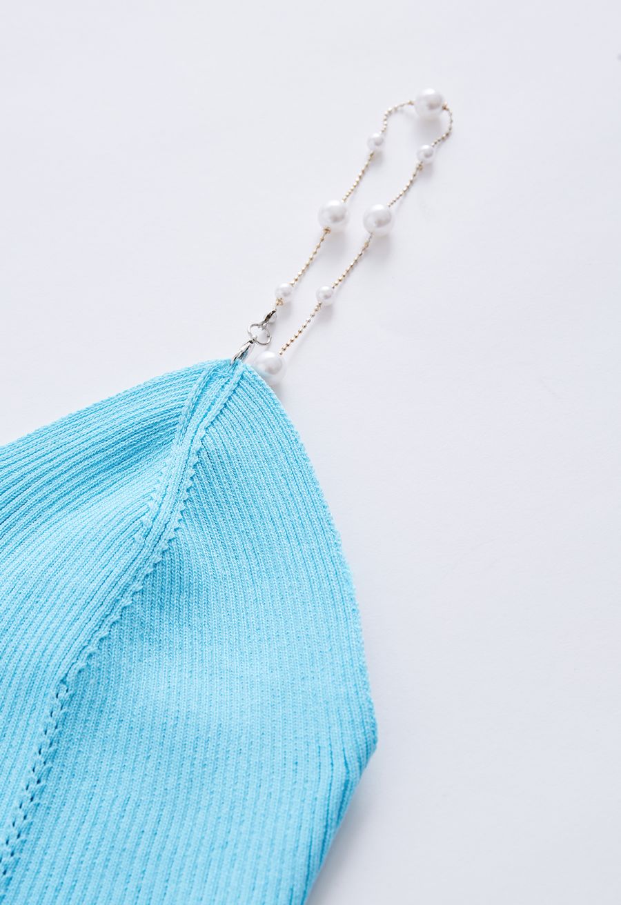 Cropped Knit Pearly Tank Top in Baby Blue