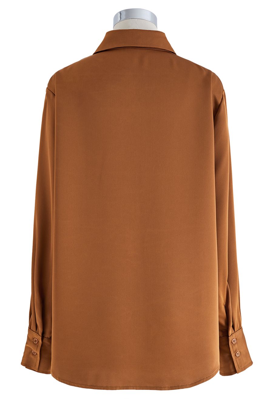 Satin Finish Button Up Shirt in Caramel