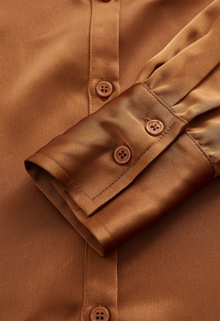 Satin Finish Button Up Shirt in Caramel