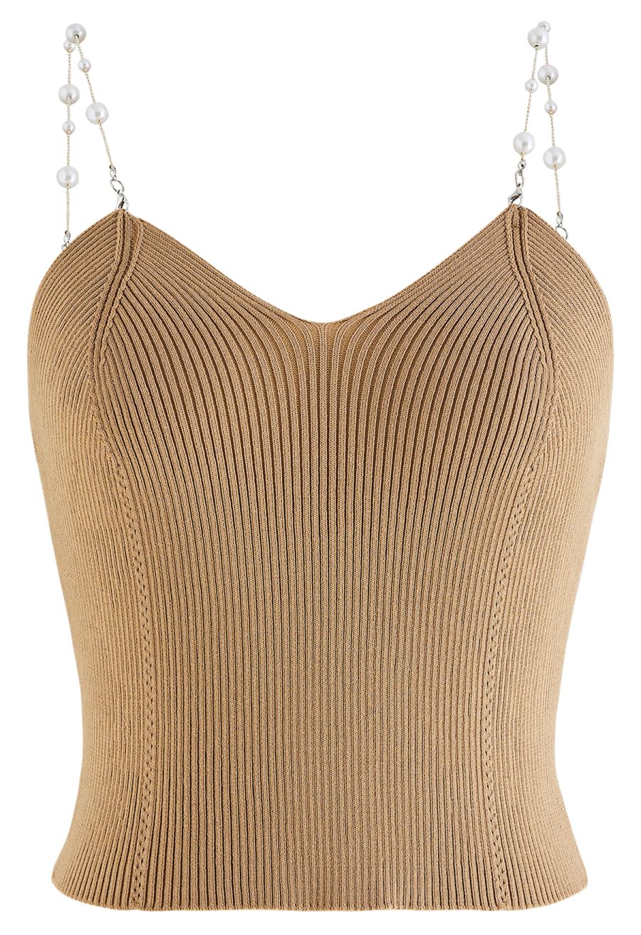Cropped Knit Pearly Tank Top in Light Tan