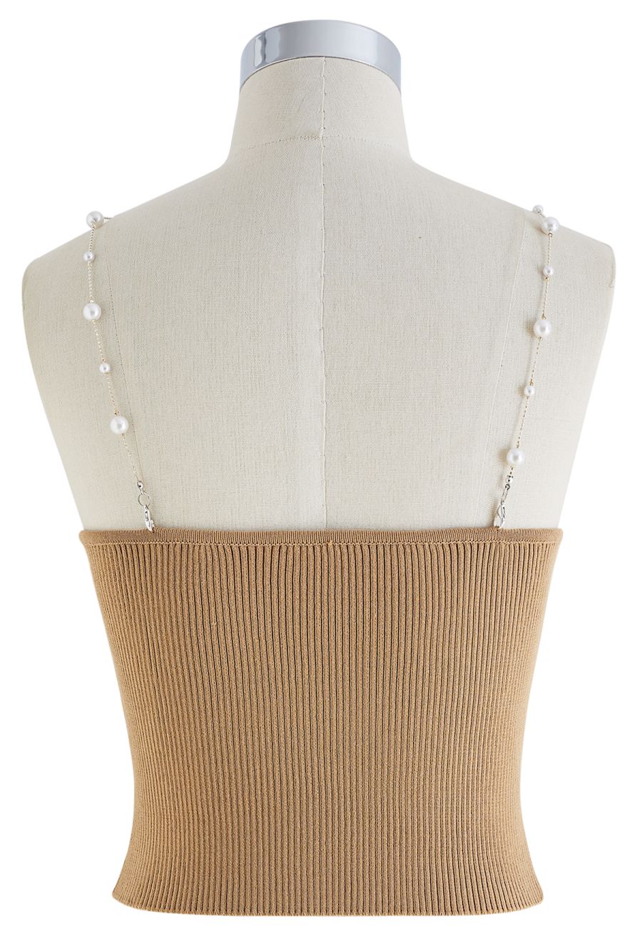 Cropped Knit Pearly Tank Top in Light Tan