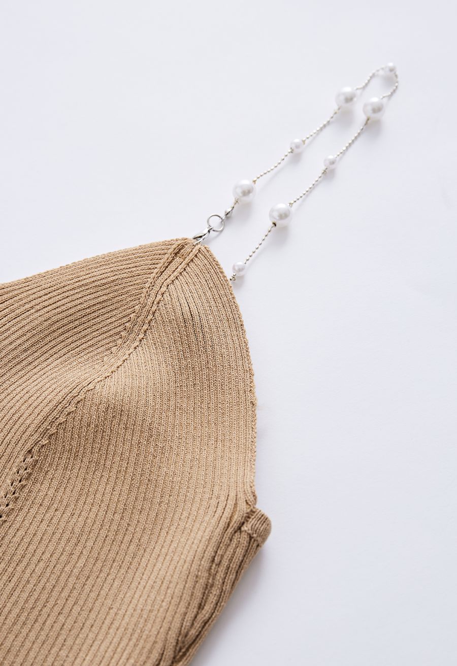 Cropped Knit Pearly Tank Top in Light Tan