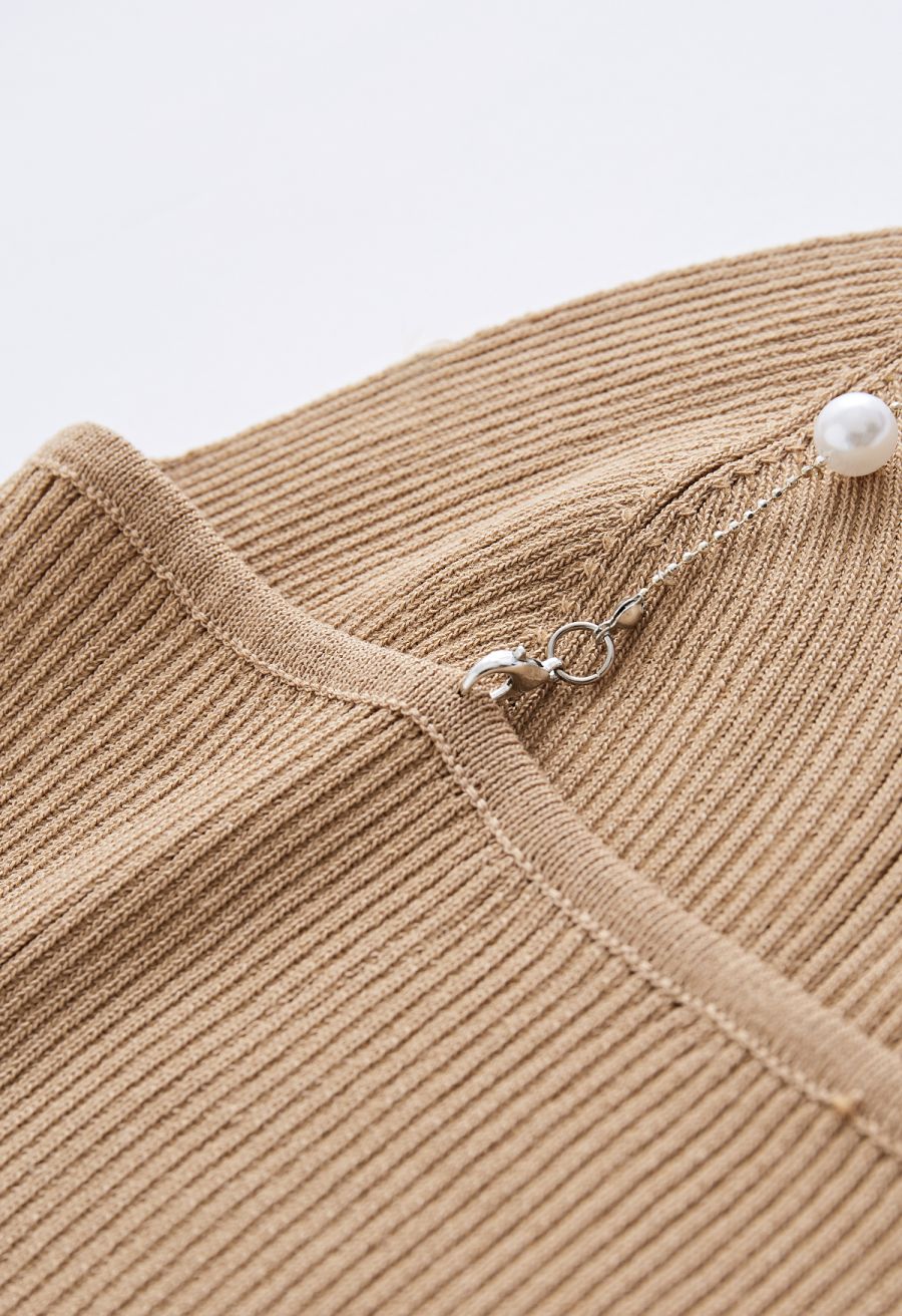 Cropped Knit Pearly Tank Top in Light Tan