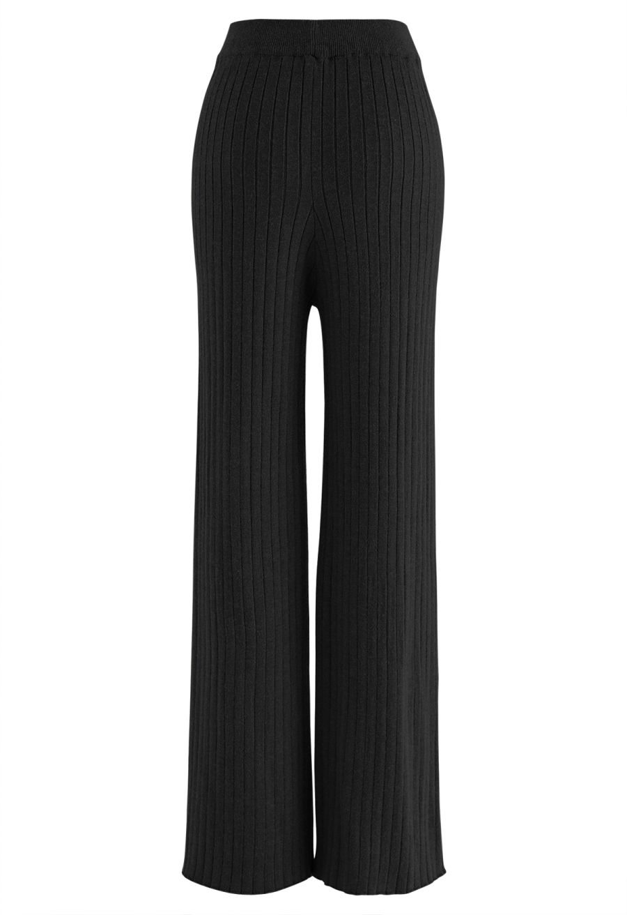 Ribbed Straight Leg Knit Pants in Black