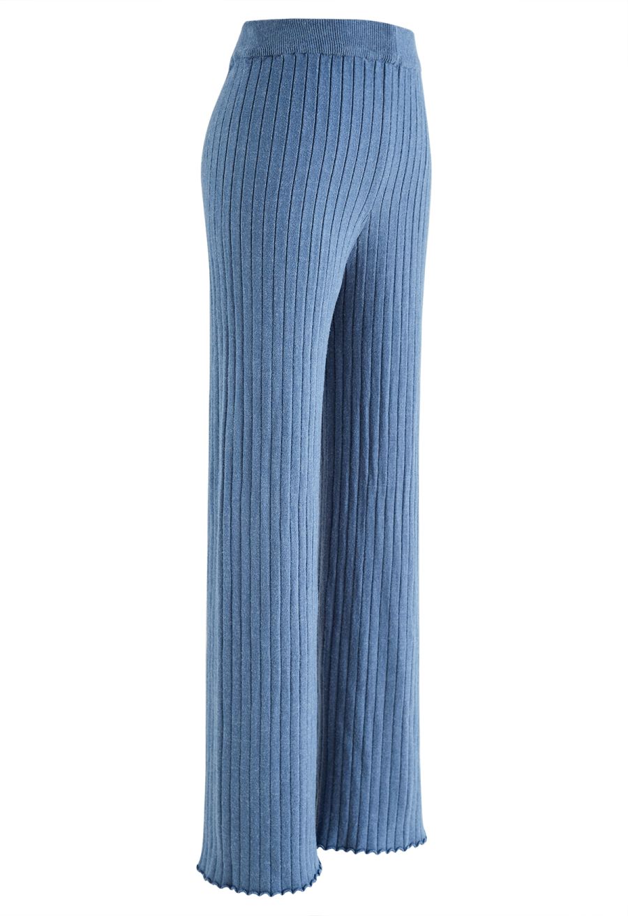 Ribbed Straight Leg Knit Pants in Blue