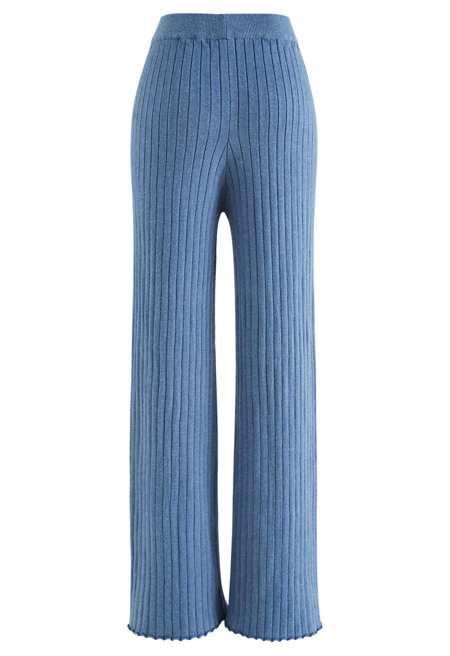 Ribbed Straight Leg Knit Pants in Blue