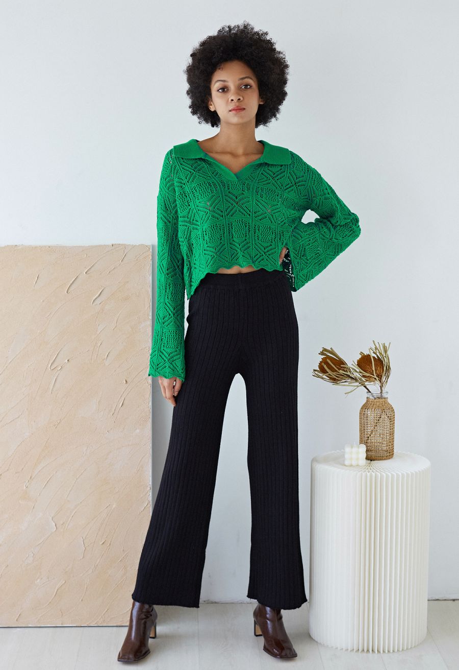 Ribbed Straight Leg Knit Pants in Black