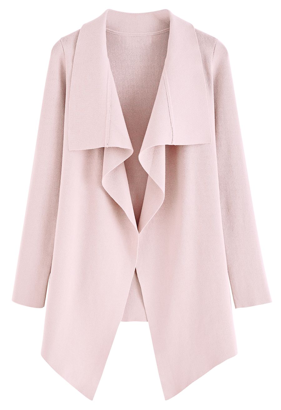 Wide Lapel Tie Waist Knit Cardigan in Pink