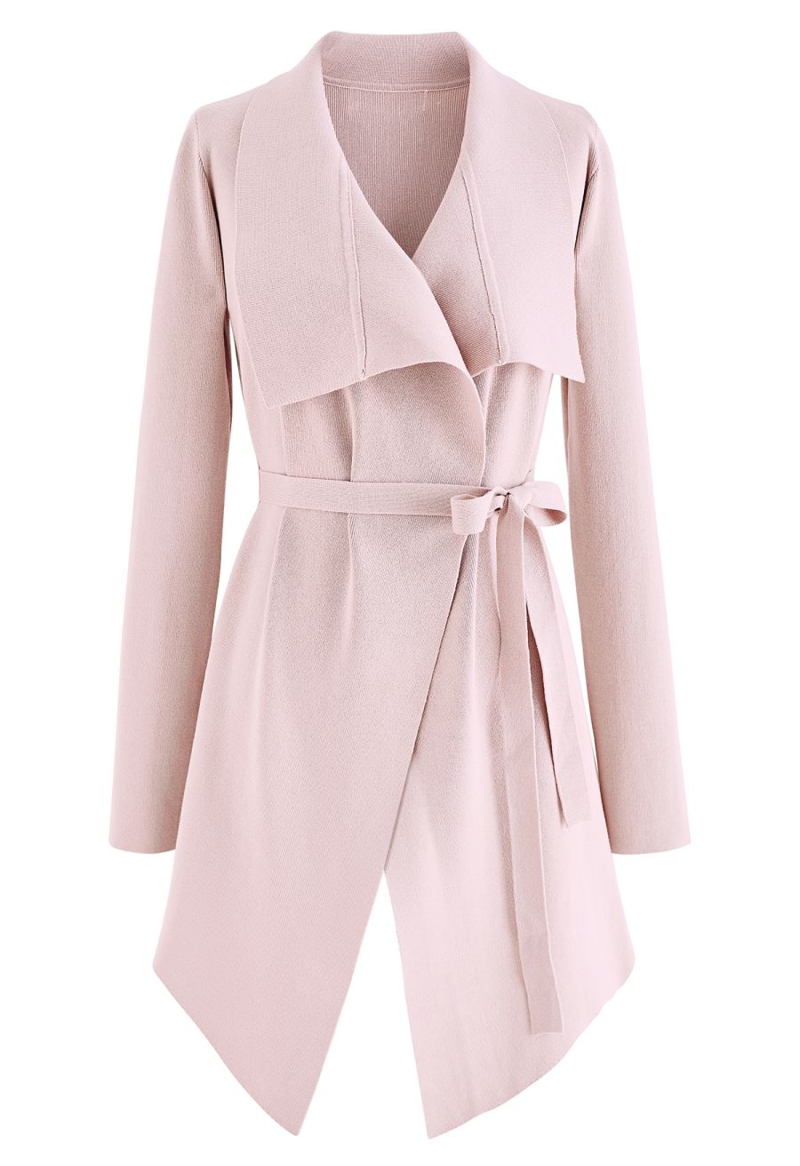 Wide Lapel Tie Waist Knit Cardigan in Pink