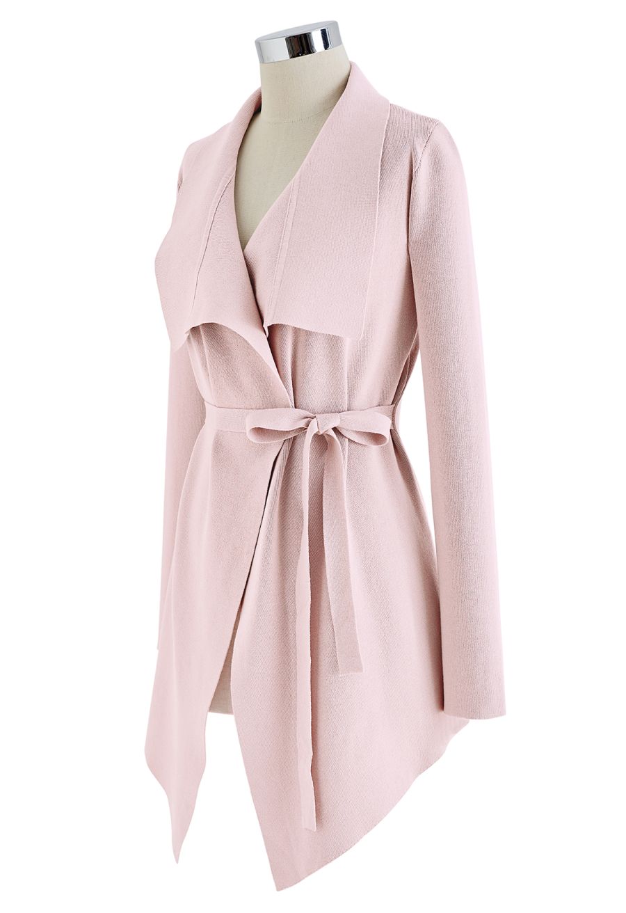 Wide Lapel Tie Waist Knit Cardigan in Pink