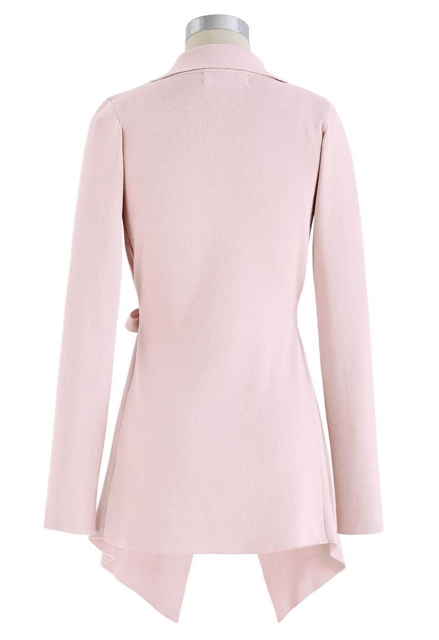Wide Lapel Tie Waist Knit Cardigan in Pink