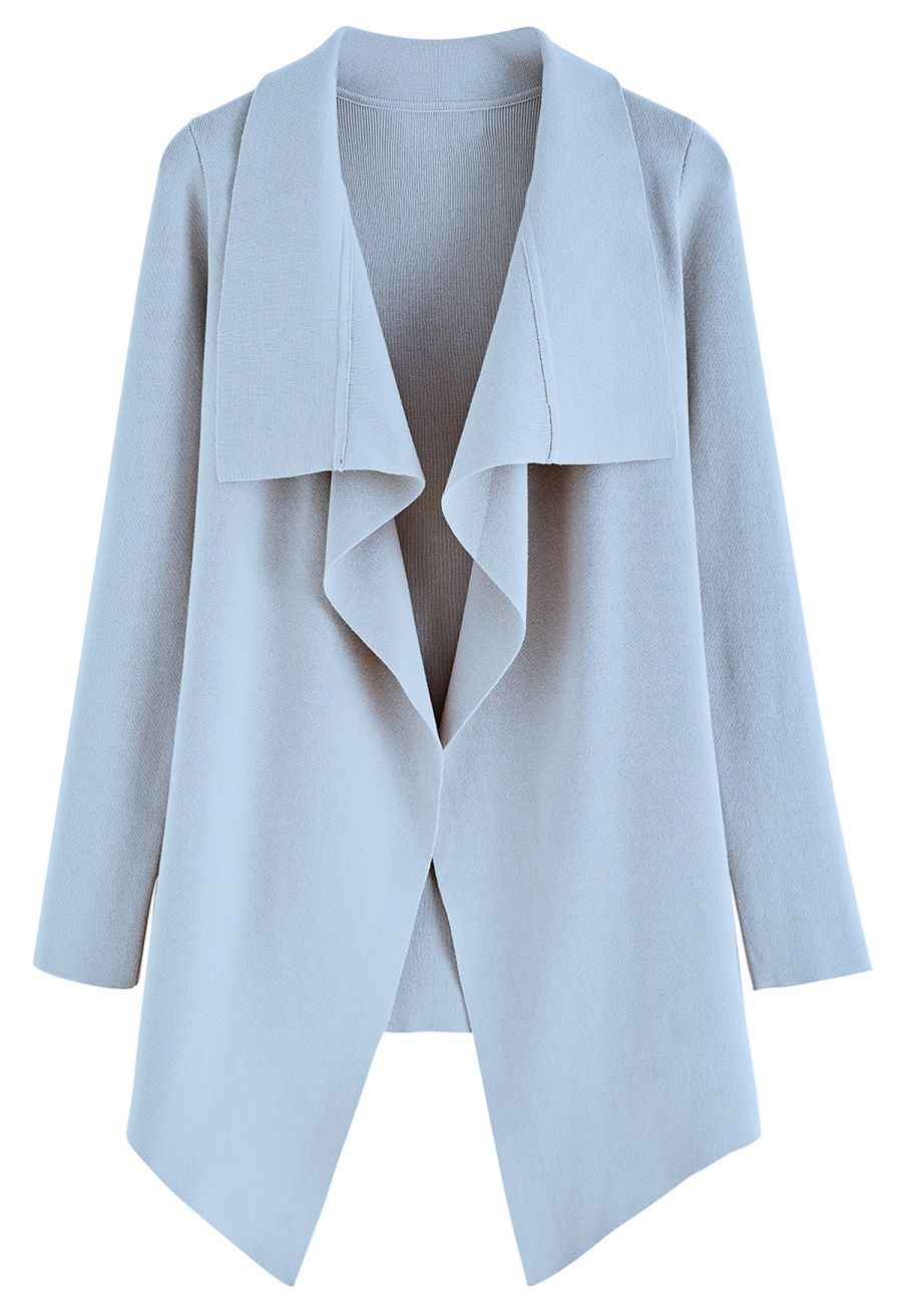 Wide Lapel Tie Waist Knit Cardigan in Baby Blue