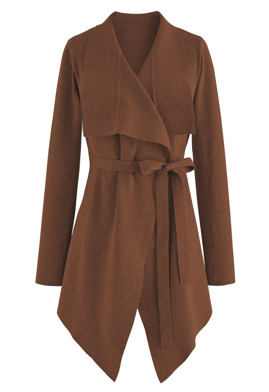 Wide Lapel Tie Waist Knit Cardigan in Brown