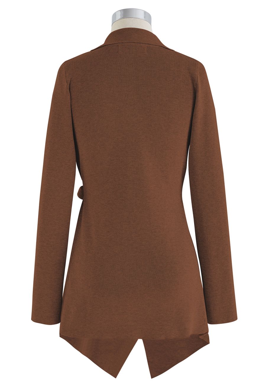 Wide Lapel Tie Waist Knit Cardigan in Brown