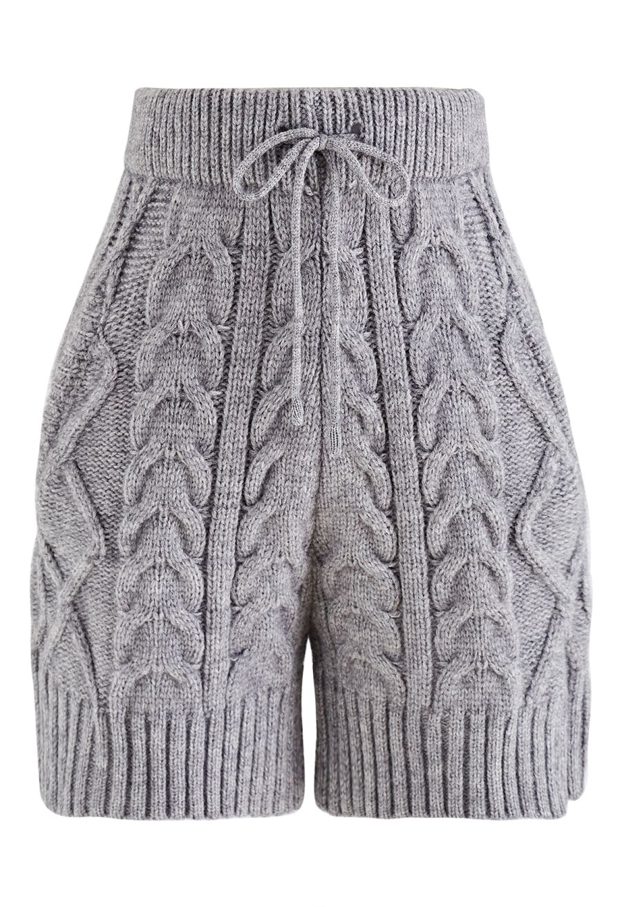 High Neck Braided Knit Sweater and Shorts Set in Grey