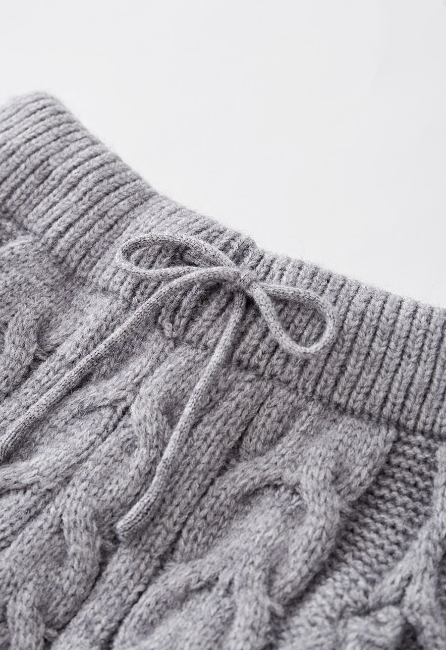 High Neck Braided Knit Sweater and Shorts Set in Grey