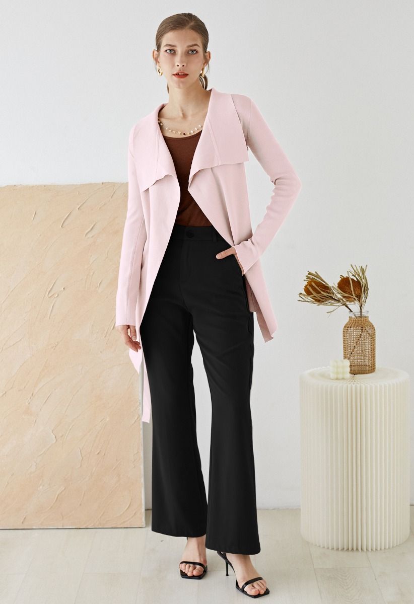 Wide Lapel Tie Waist Knit Cardigan in Pink
