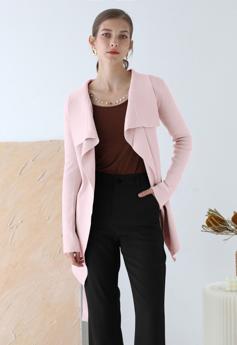 Wide Lapel Tie Waist Knit Cardigan in Pink