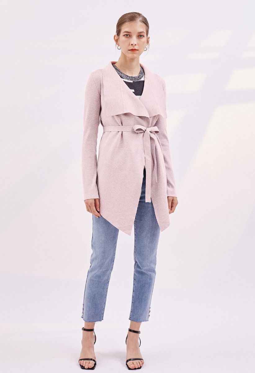 Wide Lapel Tie Waist Knit Cardigan in Pink