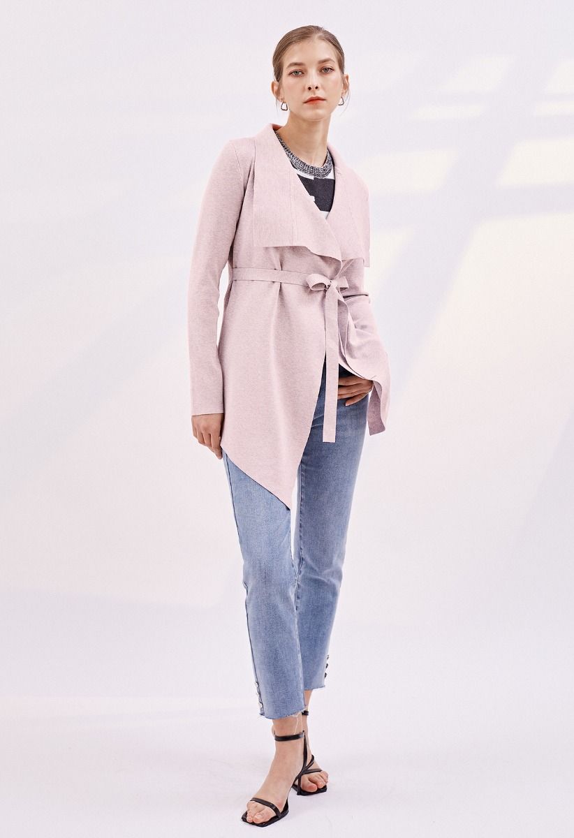 Wide Lapel Tie Waist Knit Cardigan in Pink