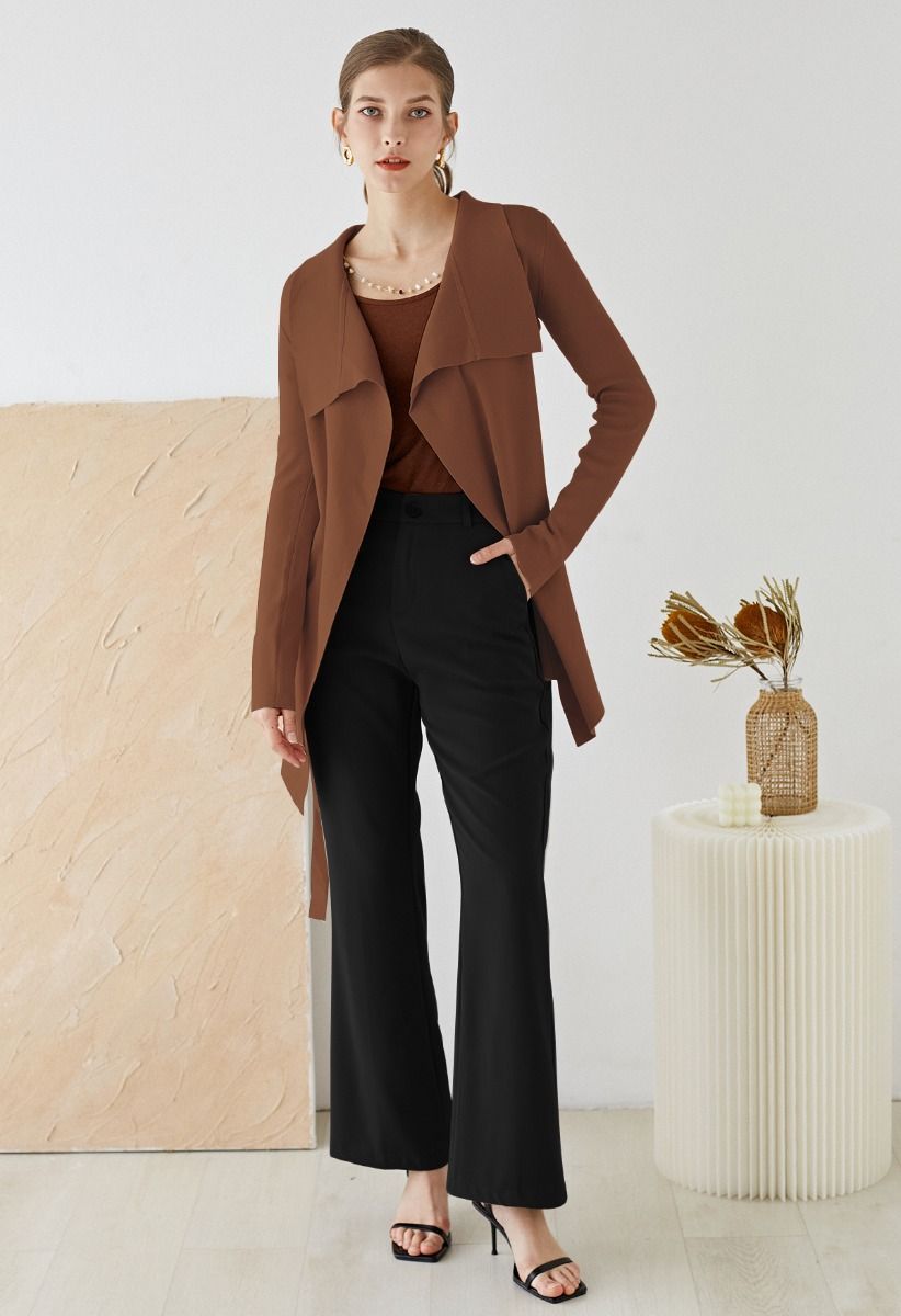 Wide Lapel Tie Waist Knit Cardigan in Brown