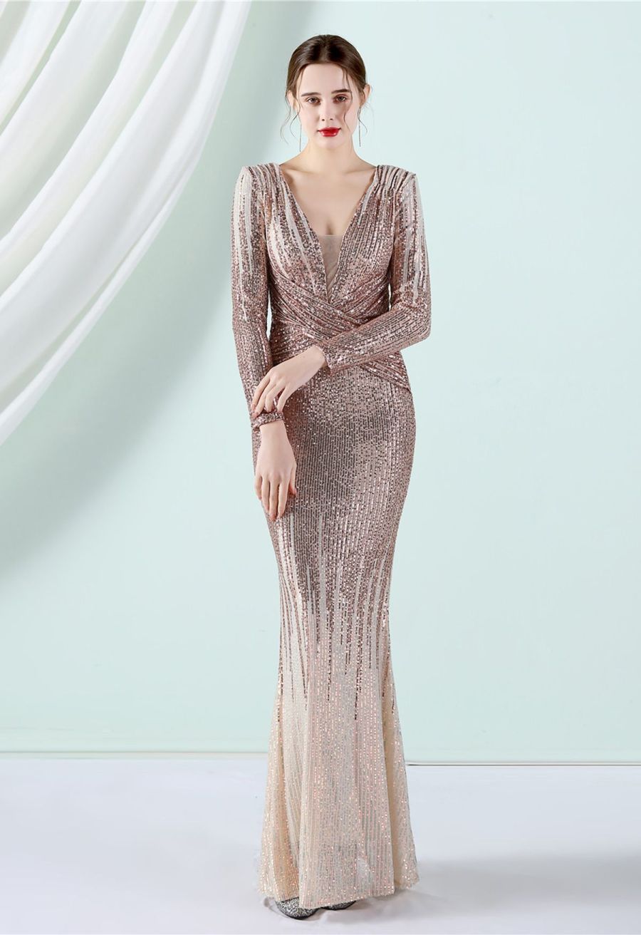 Full Sequin Two-Tone Crisscross Gown in Gold