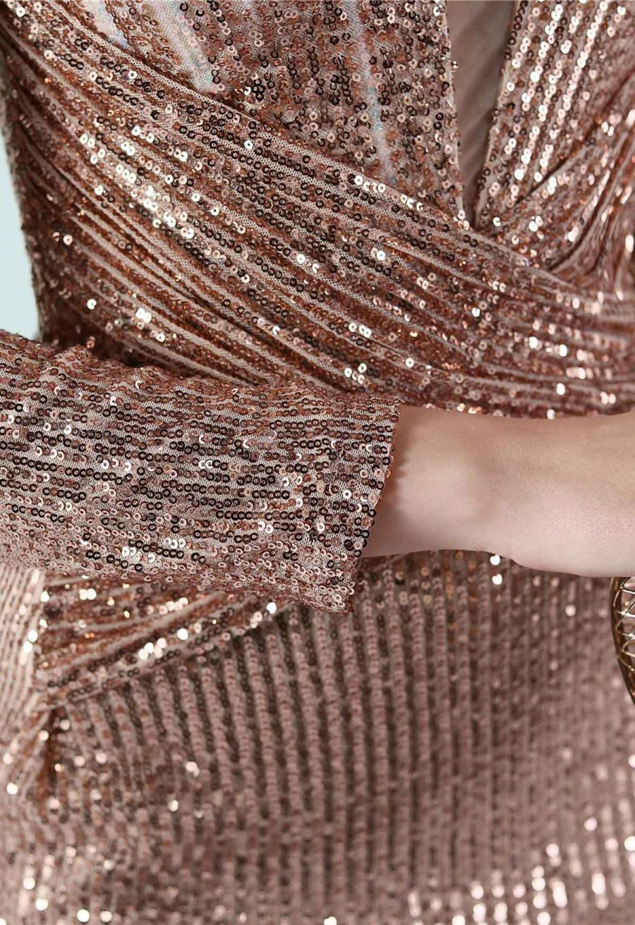 Full Sequin Two-Tone Crisscross Gown in Gold